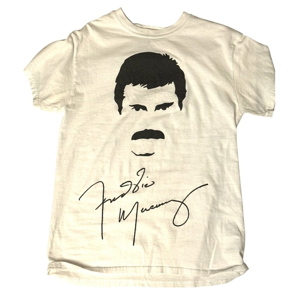 Freddie Mercury Queen Stashe Tee Shirt Small White Black Autograph Print 80s 90s - Picture 2 of 8